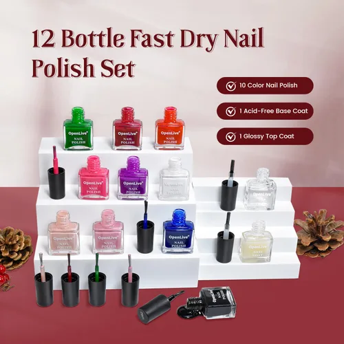 Miniatura 2 de OpenLive Juego de 12 esmaltes de uñas con combinación de 10 colores, 2 capas base y superior, esmalte de uñas de secado rápido de larga duración