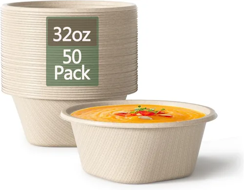 Homestockplus Cuenco desechable profundo de 32 onzas, cuencos de papel desechables resistentes y compostables, cuenco biodegradable de bagazo de