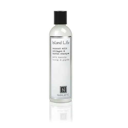 Nabila K Champú de colágeno y biotina, 9 onzas, Island Life, leche de coco, miel de manuka y jojoba, limpiador, hidratante, seguro para el color,