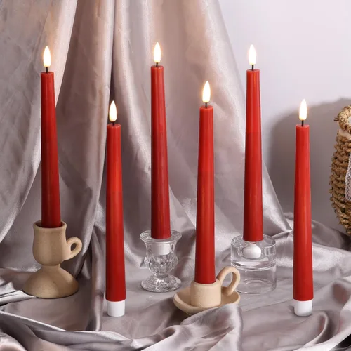 Miniatura 5 de Eywamage Juego de 6 velas cónicas sin llama rojas con control remoto, parpadeantes con batería LED de cera para decoración del hogar Rojo