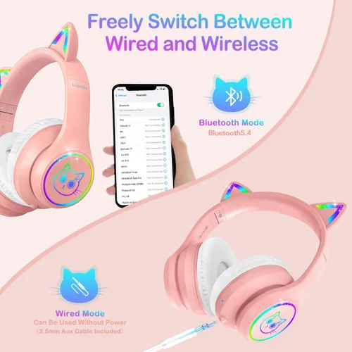 Miniatura 3 de LOBKIN - Auriculares Bluetooth 5.4 para niños con estuche - Orejas de gato plegables con luz LED RGB ajustables y supraaurales, soporte para modo