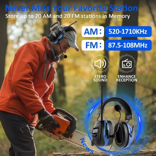 Miniatura 6 de Auriculares de radio AM FM mejorados con Bluetooth 5.4, orejeras de seguridad NRR de 25 dB para reducción de ruido, auriculares digitales