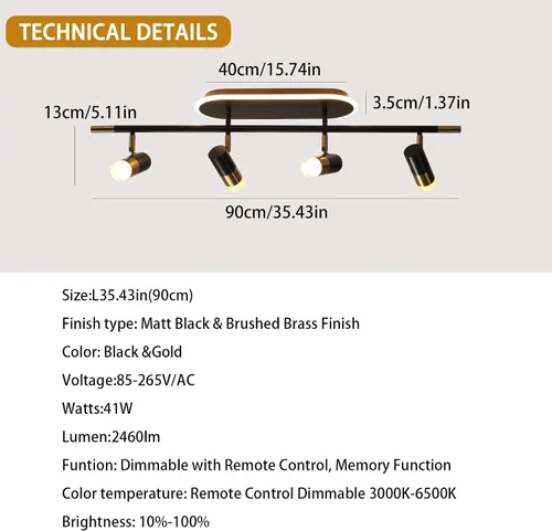 Miniatura 2 de Jaycomey Lámpara LED de 4 luces con control remoto, focos de luz de techo regulables de 41 W, ajustable de 3000 K-6500 K, moderna lámpara de techo