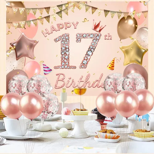 Miniatura 5 de Tecreo Cartel de fondo de decoración de feliz cumpleaños 17 para niñas, vinilo rosa, 59 x 35.4 pulgadas, incluye pancarta