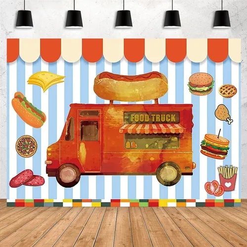 Fondo de fotografía de camión de comida, pizzería, fondo de fotos con temática de pizza, perrito caliente, pizza, hamburguesa, café, camión, tienda,