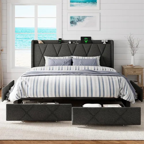 Miniatura 12 de GalnFu Base de cama de tamaño matrimonial con 4 cajones de almacenamiento, plataforma tapizada con estación de carga, moderna cabecera de Beige
