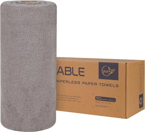 Toallas de papel reutilizables lavables en rollo: paquete de 50 toallas de papel sin papel que se despegan de 12 x 12 pulgadas, toallas de tela Gris
