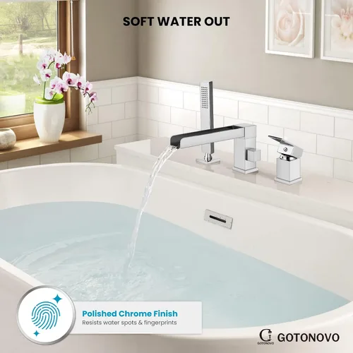 Miniatura 4 de gotonovo Grifo de bañera romano con ducha de mano, 3 agujeros, montaje en cubierta, juego de grifo de bañera de una sola manija generalizado