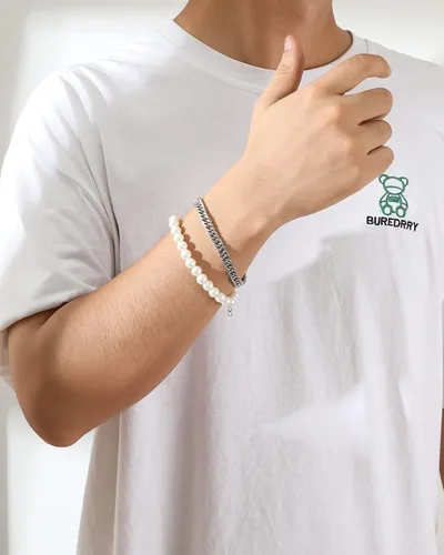 Miniatura 2 de Pulsera de perlas de imitación para hombre con eslabones cubanos Figaro Chain Set de pulseras de muñeca para hombre