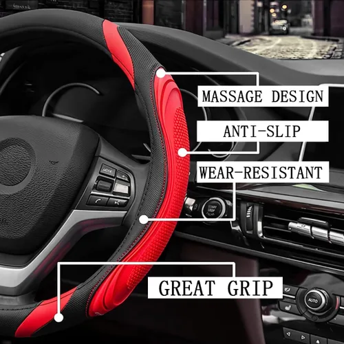 Miniatura 3 de Osilly Funda de cuero para volante de automóvil de 15 pulgadas, accesorios automotrices elástica, transpirable, antideslizante, protector de volante