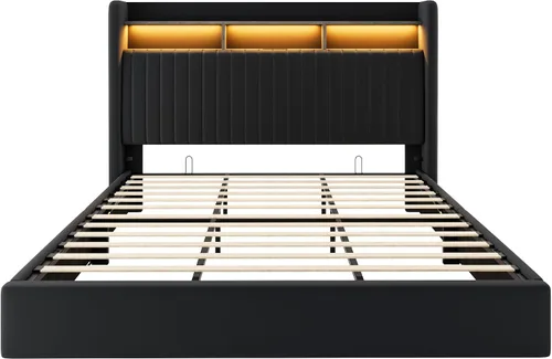 Miniatura 9 de Allewie Marco de cama de almacenamiento hidráulico elevable, tamaño King, cabecero de estante de 2 niveles con luces LED y estación de carga, Negro