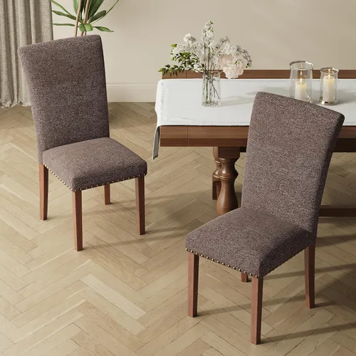 Miniatura 10 de COLAMY Parsons Juego de 4 sillas de comedor tapizadas de tela, sillas auxiliares de cocina con tapicería con clavos y patas de madera, marrón F