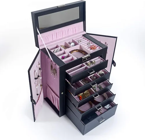 Miniatura 4 de Kendal Cajas de joyería grandes para mujer 6 capas de cuero negro elegante para joyas caja organizadora de almacenamiento con cerradura para collar