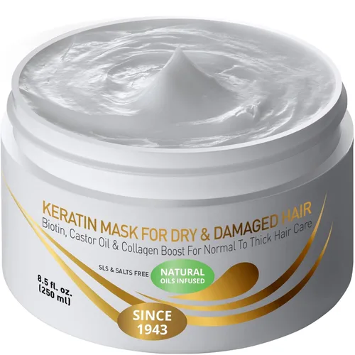 VITAMINS hair cosmetics Mascarilla capilar de queratina para cabello seco dañado, biotina, colágeno y aceite de ricino, acondicionador profundo,
