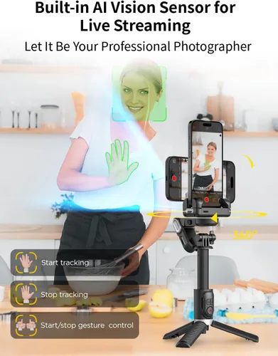 Miniatura 2 de AOCHUAN Estabilizador de cardán para Smartphone, 4 en 1 con rotación de 360° para iPhone/Android, palo para selfies y trípode con seguimiento facial