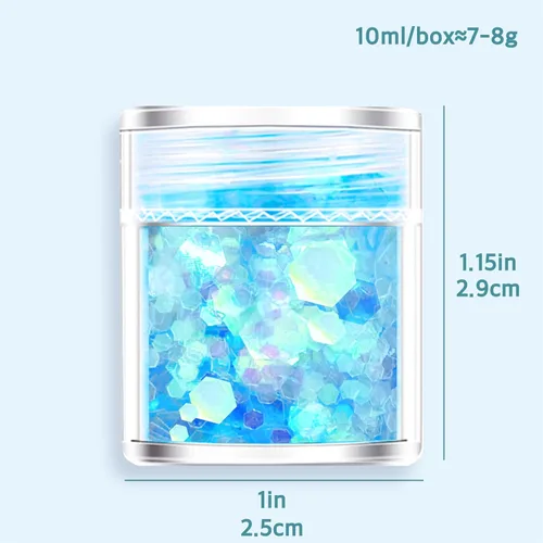 Miniatura 7 de GABOX Juego de 8 tarros de purpurina azul hielo, polvo fino holográfico y copos de lentejuelas de 0.039 in, 0.079 in y 0.118 in para cosméticos