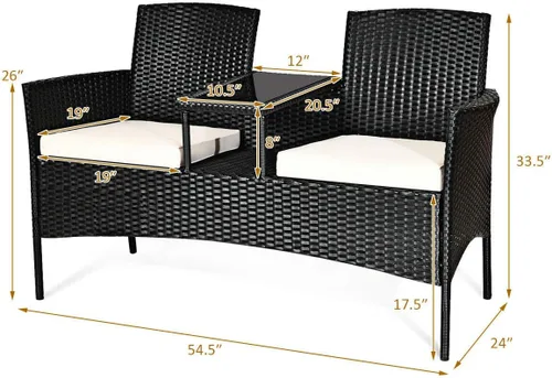 Miniatura 7 de RELAX4LIFE Juego de muebles de conversación con mesa y dos cojines extraíbles, sillas de mimbre de ratán y juego de mesa para patio, jardín, balcón
