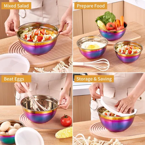 Miniatura 5 de Tazones de Mezcla Arcoíris con Tapas Herméticas, Tazón de Acero Inoxidable, Ensaladeras 7 Piezas de Tazones Anidables Arcoíris Accesorios de Cocina
