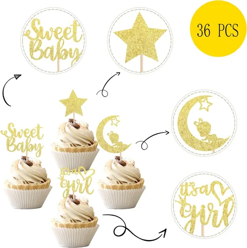 Miniatura 3 de 36 piezas de decoración para cupcakes con diseño de luna con purpurina de luna y estrella para revelación de género de bebé, baby shower, fiestas