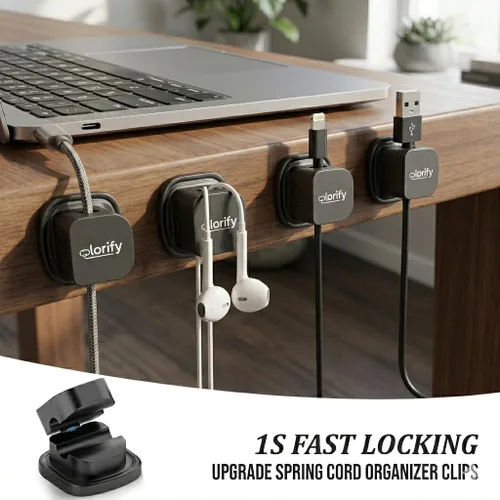 Miniatura 6 de Paquete de 8 clips de resorte para cables [giratorio en 360°, uso con 1 mano], clips adhesivos para cables para mesita de noche, escritorio, pared