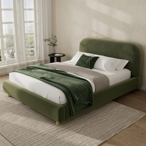 Miniatura 20 de Cama de Plataforma Tapizada con Forma Curva con Cabecera de Forma Curva, Marco de Cama de Madera Tamaño Full para Dormitorio de Niños y Adultos