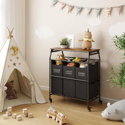Miniatura 6 de Hoctieon Carrito clasificador de ropa de 3 secciones con tabla de planchar, cesta de lavandería con estante y ruedas rodantes, organizador de cesta