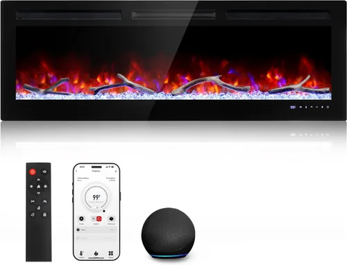 Miniatura 10 de Cheerway Chimenea eléctrica inteligente WiFi de 42 pulgadas, calentador eléctrico empotrado y montado en la pared con sonido crepitante y llama