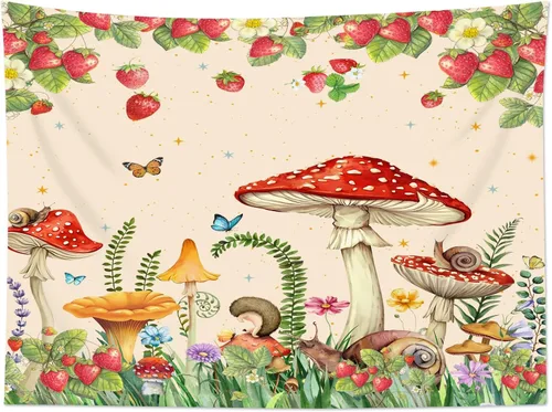 Miniatura 3 de HVEST Tapiz retro rojo de hongos para colgar en la pared, diseño floral rosa con fresa y mariposa en beige, tapiz para dormitorio, flores, plantas
