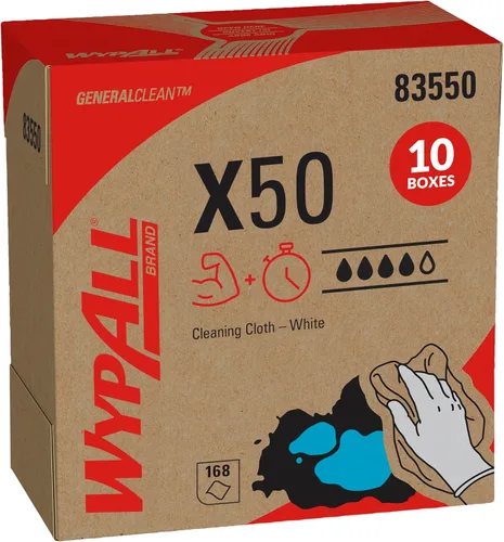 WypAll GeneralClean X50 Toallitas de limpieza (83550), caja emergente, toallas fuertes para uso prolongado, color blanco (10 paquetes de 168 hojas,