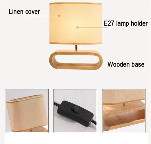 Miniatura 6 de Lámpara de escritorio LED con base de madera, lámpara de mesa, pantalla de tela, luces de mesa, lámpara de mesita de noche, luces de lectura