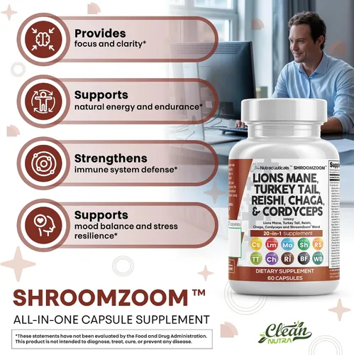Miniatura 5 de Clean Nutraceuticals Suplemento de hongo 20 en 1 de melena de león con cola de pavo Reishi Cordyceps Chaga Maitake Meshima Poria Cocos Shiitake