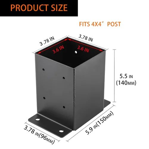 Miniatura 2 de Base para poste 4x4, soportes de poste (Tamaño interno 3.6"x3.6")，anclaje de poste de valla de acero grueso recubierto de polvo negro para poste