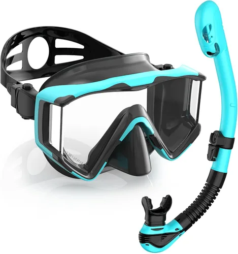 Miniatura 18 de Greatever Juego de esnórquel Pano de 3 ventanas para adultos, vista panorámica amplia, máscara de buceo antivaho, antifugas, gafas de esnórquel