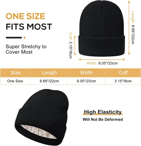 Miniatura 3 de Komorebi Gorro holgado con forro de satén para mujer, gorro de punto de invierno cálido con puños