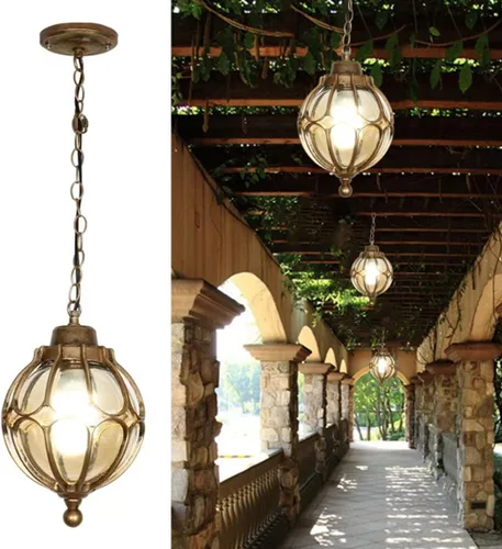 Lámpara colgante para exteriores, lámpara colgante vintage de bronce con pantalla de vidrio, cadena ajustable, luz de techo de aluminio europeo para