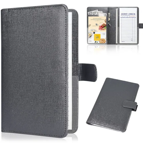 Miniatura 7 de Libreta para camarera de cuero para camarera, organizador de libro con bolsillo con cremallera, lindo libro de camarero con cierre magnético, negro
