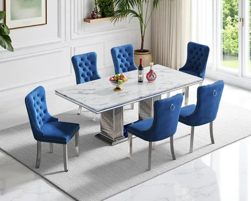 Miniatura 89 de Moderno juego de mesa de comedor de mármol sintético de 68.11 pulgadas para 6, mesa de comedor de mármol blanco y plateado con 6 sillas de Blanco
