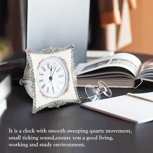 Miniatura 2 de KEYPOWER Reloj de mesa pequeño de cuarzo analógico de escritorio esmaltado con marco decorativo de diamante de cristal, para el hogar, dormitorio