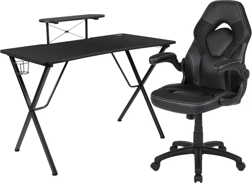 Miniatura 59 de Flash Furniture Juego de escritorio para juegos negro y silla de carreras blanco/negro con soporte para tazas, gancho para auriculares y soporte