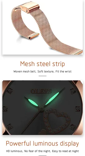 Miniatura 6 de OLEVS Relojes de oro rosa para mujer movimiento de cuarzo japonés con diamantes de corazón para niñas reloj de pulsera con correa de malla
