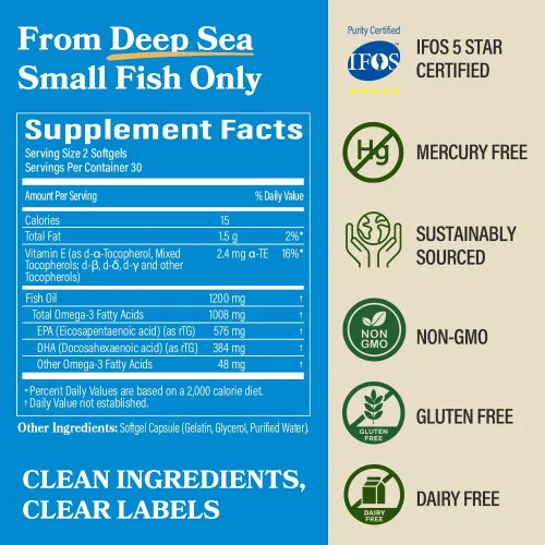 Miniatura 6 de DAIKEN Mini aceite de pescado de 1200 mg, rTG Omega 3 1000 mg, 60 cápsulas blandas, aceite de pescado de alta absorción y sin eructos para un