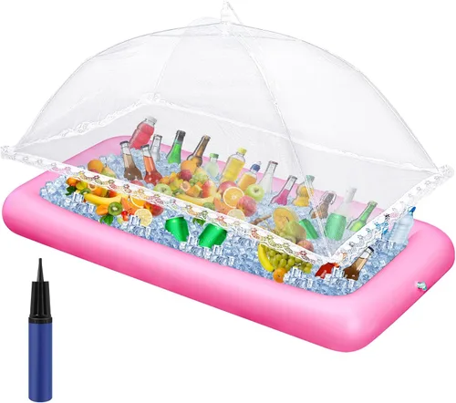 Miniatura 11 de Leitee Kit de barra inflable de 3 piezas, incluye bandeja de buffet de ensalada con tapón de drenaje, cubierta de malla, recipientes de bebidas