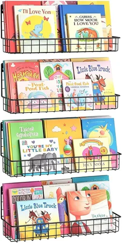 X-cosrack Paquete de 4 estanterías de metal montadas en la pared, estantes flotantes para libros para niños, guardería, aula infantil, organizador