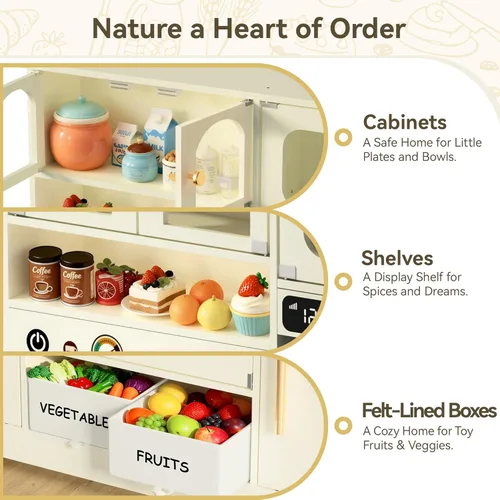 Miniatura 6 de Juego de cocina para niños pequeños con cajas de almacenamiento de fieltro y gancho de rango, juego de cocina de madera para niños con horno