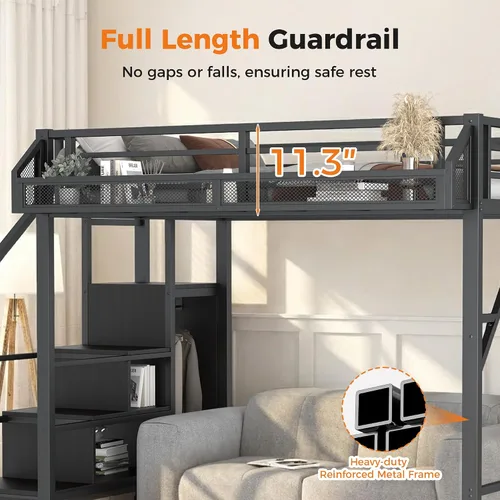 Miniatura 6 de Cama tipo loft de tamaño matrimonial con escaleras de almacenamiento integradas, armario, marco de cama alta de metal con barandilla lateral