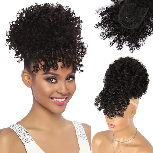Miniatura 9 de Cola de caballo con cordón y flequillo, extensiones de cola de caballo afro para mujer, cola de caballo corta y rizada con flequillo con clip para 1b
