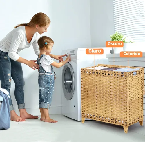 Miniatura 2 de Cesta para ropa sucia con 3 bolsas de forro extraíbles; cesta de lavandería de ratán tejida a mano de 132L con tapa y pies elevados; cesta de ropa
