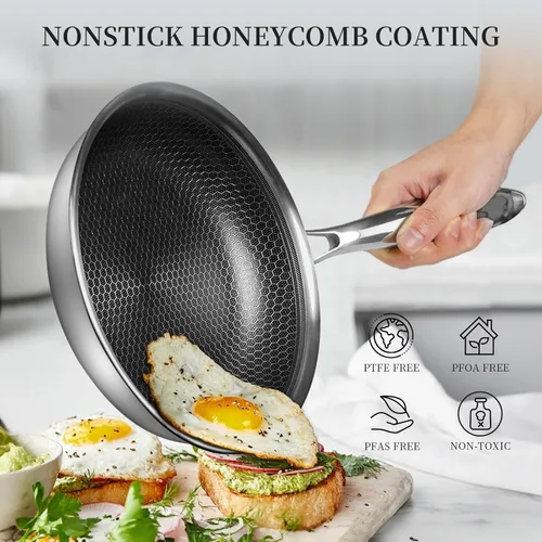 Miniatura 2 de Innerwell - Sartén de 12 pulgadas de acero inoxidable de tres capas con tapa, sartén grande antiadherente con revestimiento de nido de abeja