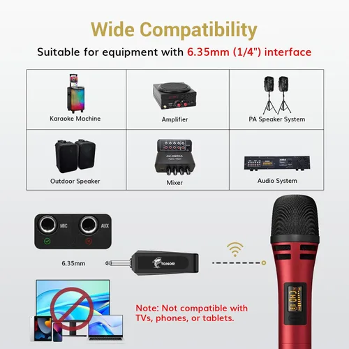 Miniatura 4 de TONOR Micrófonos inalámbricos, sistema de micrófono de karaoke UHF dual, Microfonos Inalambricos con receptor recargable, juego de micrófonos
