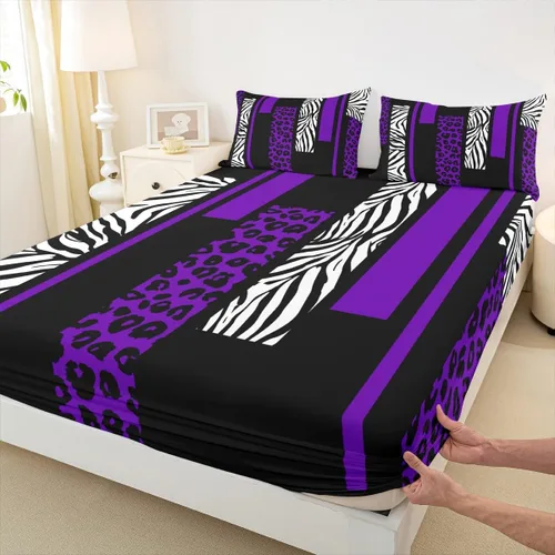 Miniatura 9 de Sábana bajera ajustable con estampado de leopardo, tamaño individual, juego de ropa de cama rústica con rayas de piel de cebra, decoración